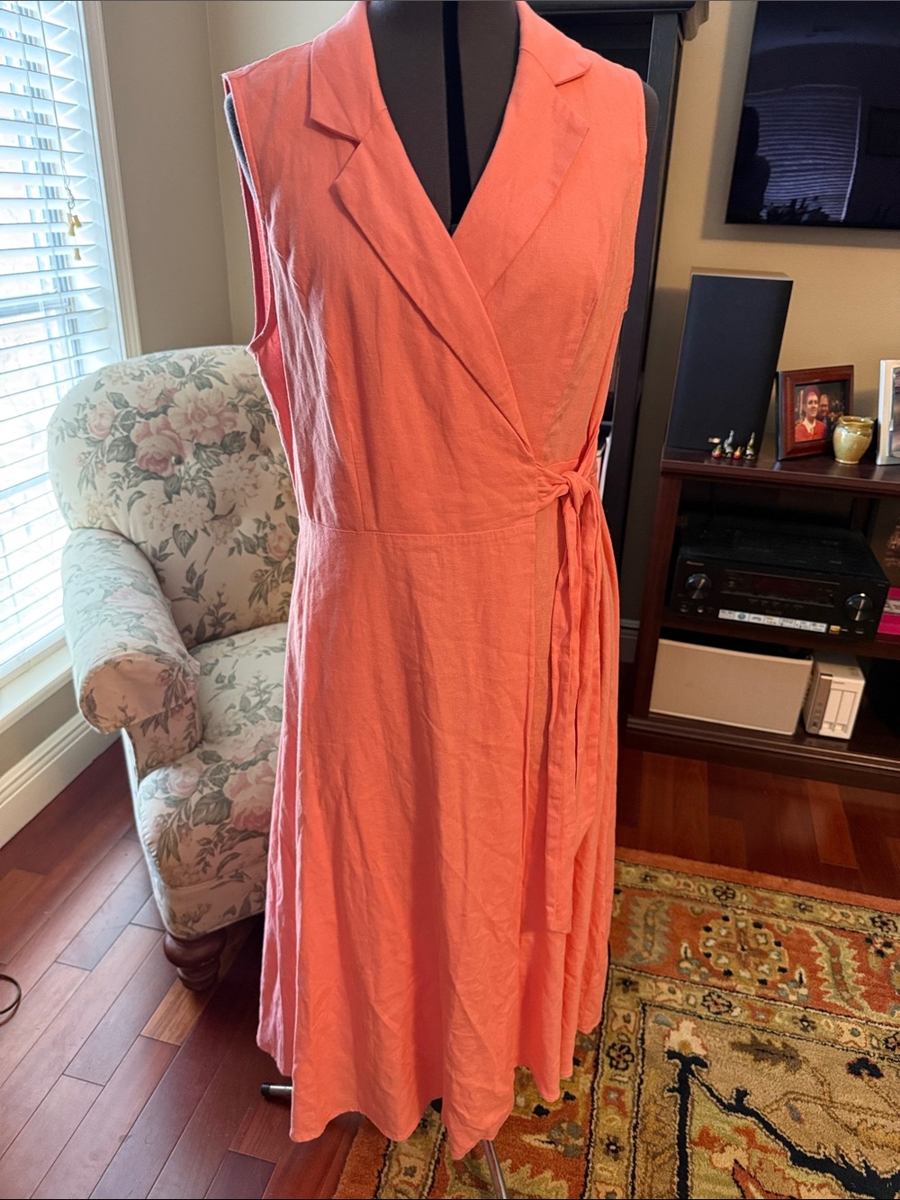 DKNY Coral Pink Sleeveless Wrap Dress with Tie